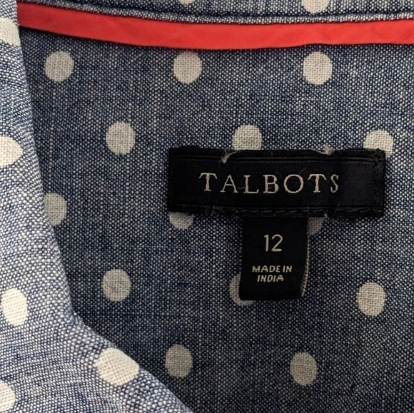 Talbot's cotton blue and white polka dot button up fitted blouse, size 12 - Picture 3 of 3